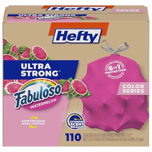 Hefty Ultra Strong 13 Gallon Trash Bags Tall Kitchen Trash Bags 13 Gallon Size Resist Leaks Punctures and Rips Continuous Odor Control Pink Fabuloso Watermelon Scent 110 Bags